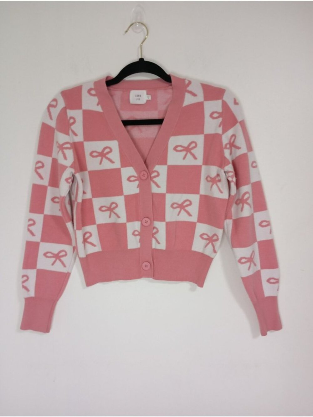 Anthropologie Luna Ivy Checkered Bow Knit Cardigan Sweater Size S Pink & White